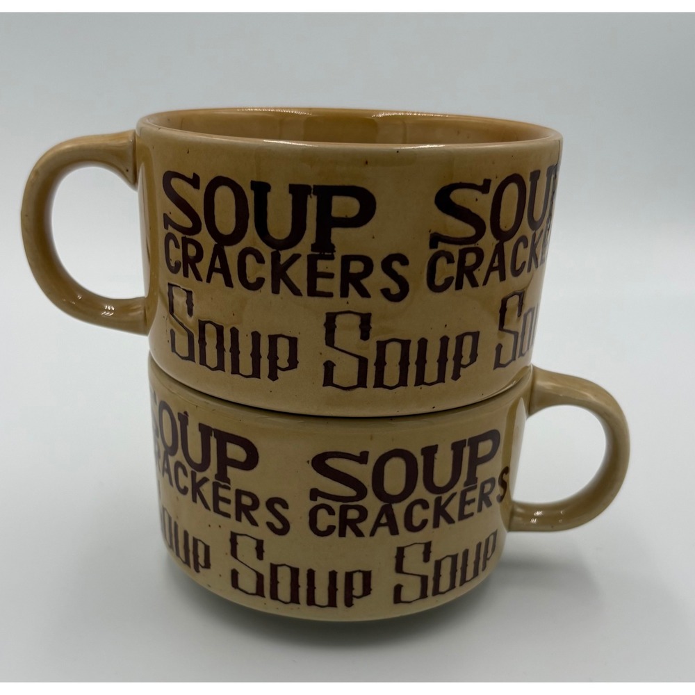 Vintage Soup & Crackers Mugs Set of 2 Tan Ceramic Stoneware Bowls Made in Korea